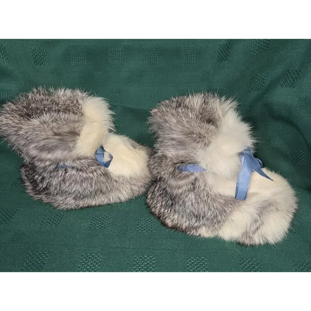 Rabbit Fur Kids Slippers Moccasins Vintage 6